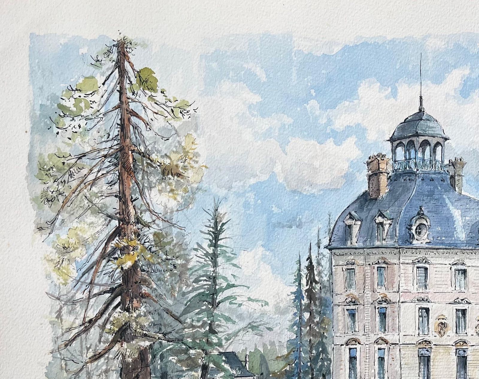 Robert Lepine (1929   2017)french Watercolor Of "Château De Cheverny" With Lush Grounds And Towering Trees20th Century photo vinterior
