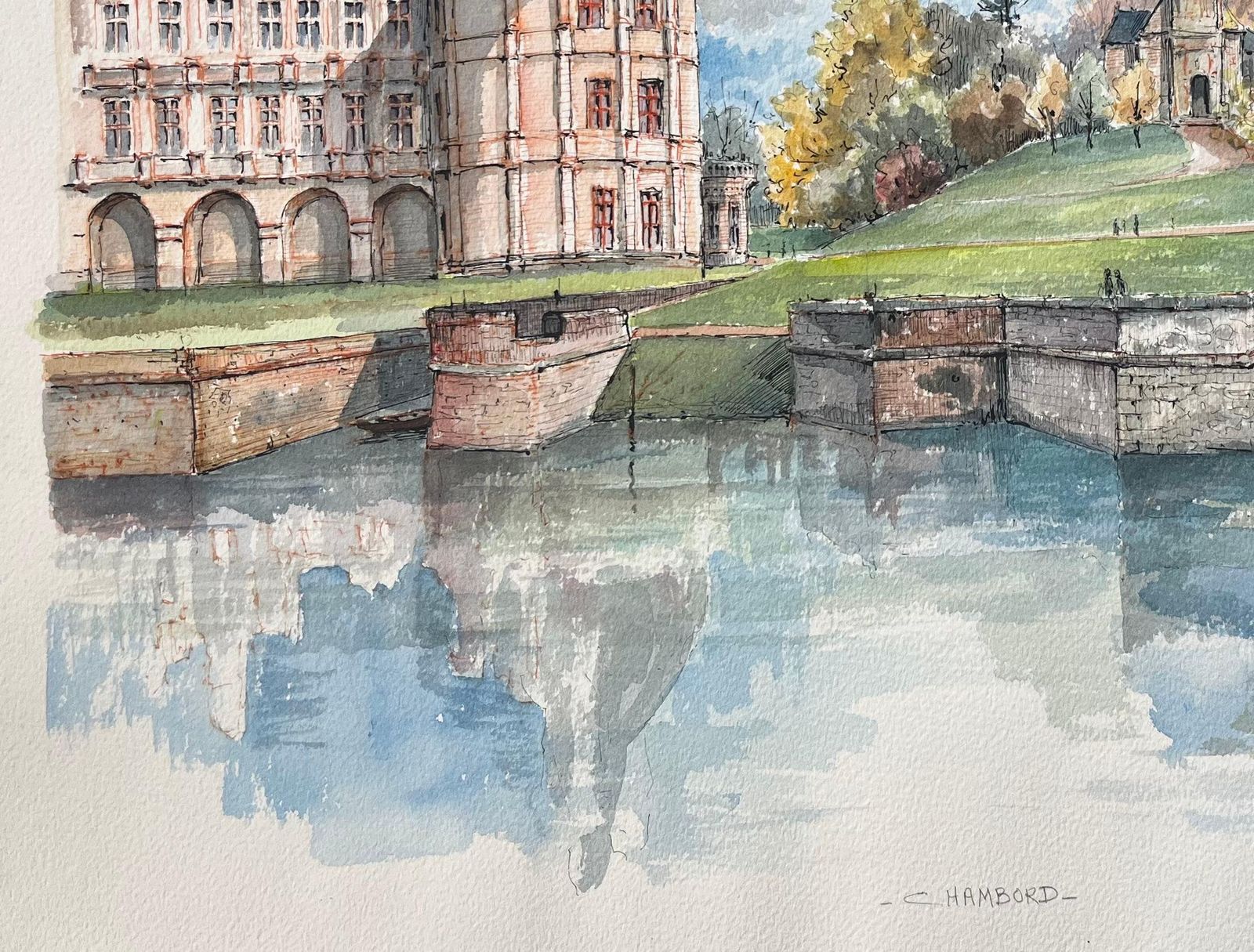 Robert Lepine (1929   2017)french Watercolor Of Château De Chambord With Reflective Canal Scene20th Century photo vinterior