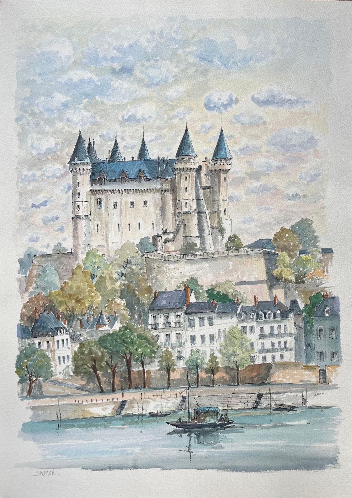 Robert Lepine (1929   2017)french Watercolor Of "Château De Saumur: Riverside View"20th Century