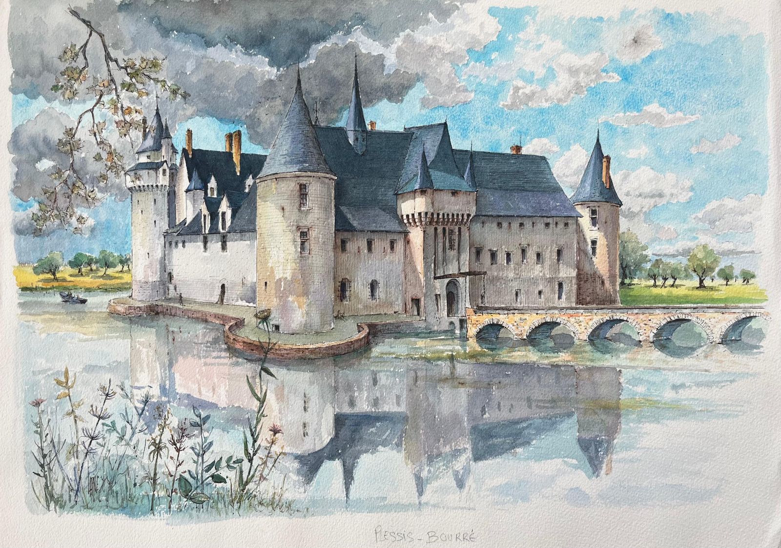 Robert Lepine (1929   2017)french Watercolor Of "Château De Plessis Bourré" Reflected On Tranquil Waters20th Century