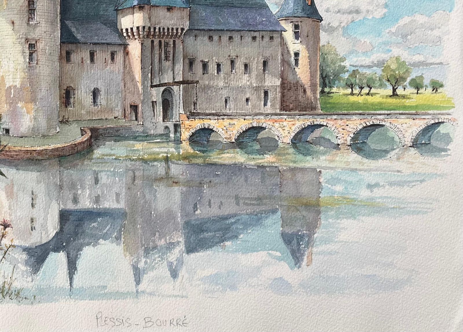Robert Lepine (1929   2017)french Watercolor Of "Château De Plessis Bourré" Reflected On Tranquil Waters20th Century photo for sale