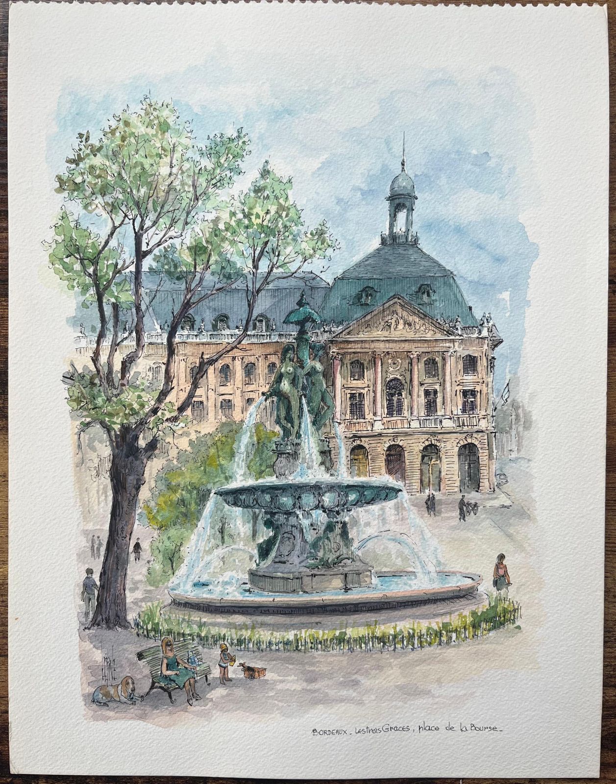 Robert Lepine (1929   2017)french Watercolor Of "Les Trois Grâces, Place De La Bourse, Bordeaux20th Century photo furniture
