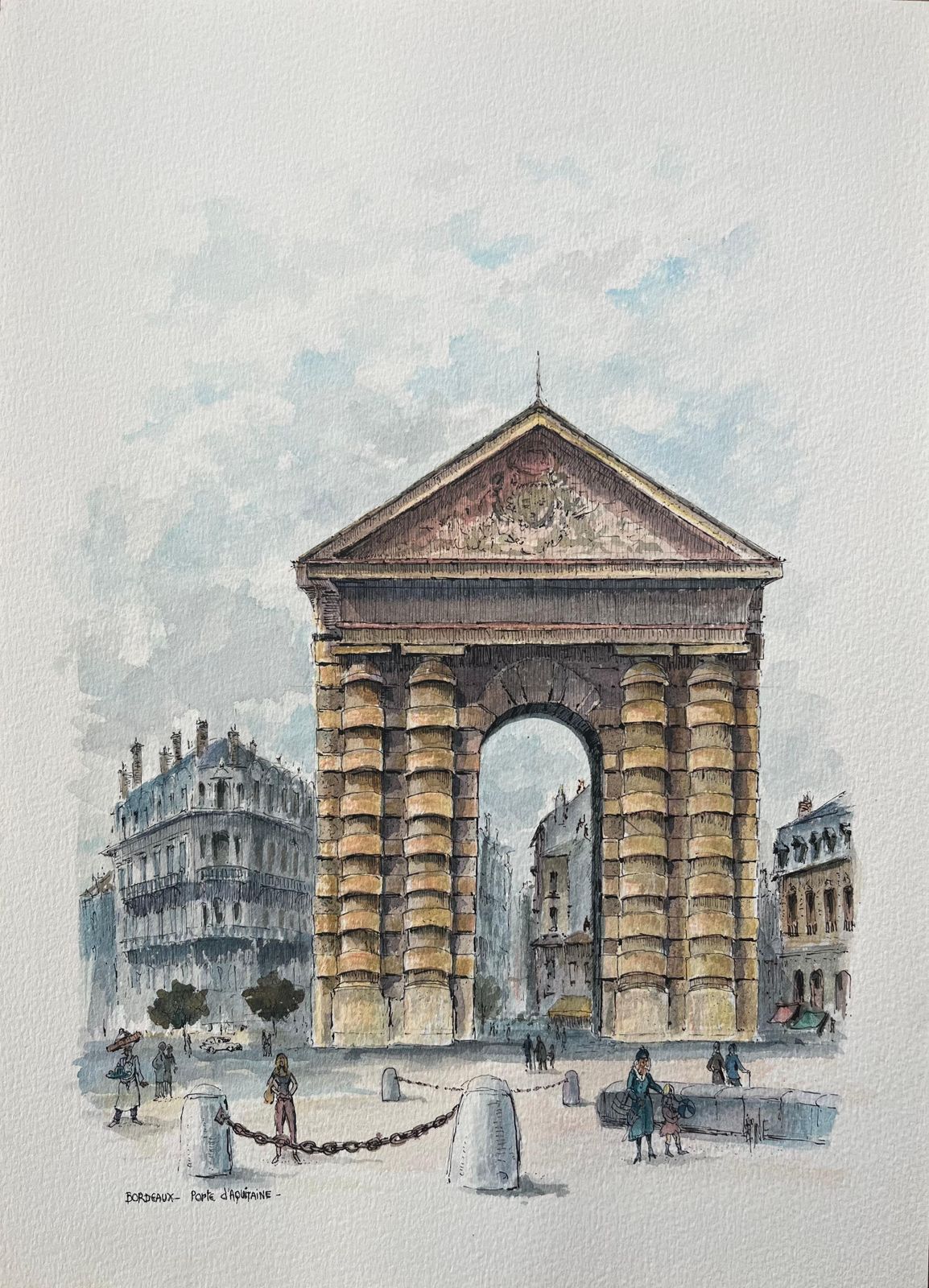 Robert Lepine (1929   2017)french Watercolor Of "Porte D’aquitaine, Bordeaux" With Cityscape Details20th Century