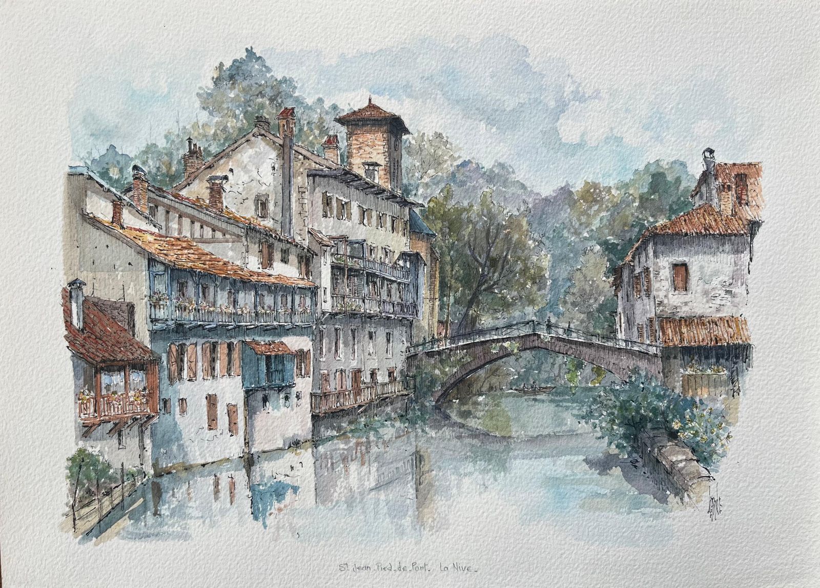 Robert Lepine (1929   2017)french Watercolor Painting Of Saint Jean Pied De Port On The Nive River20th Century