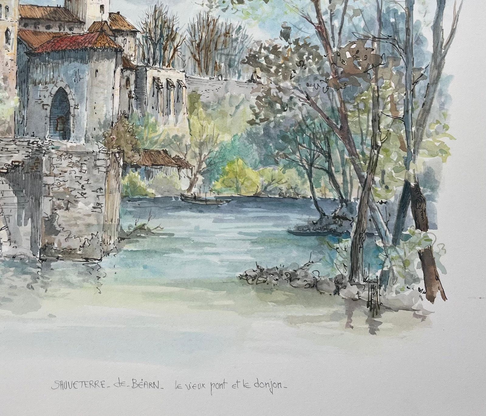 Robert Lepine (1929   2017)french Watercolor Painting Of Sauveterre De Béarn’s Old Bridge And Donjon20th Century photo 484.0
