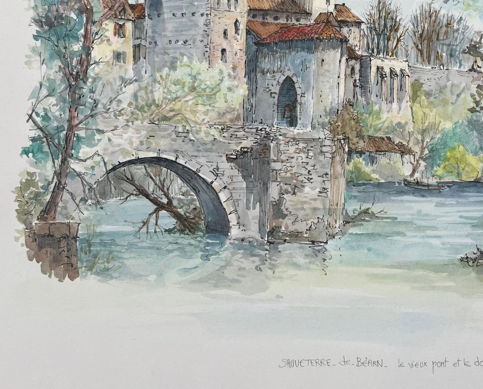Robert Lepine (1929   2017)french Watercolor Painting Of Sauveterre De Béarn’s Old Bridge And Donjon20th Century photo vinterior