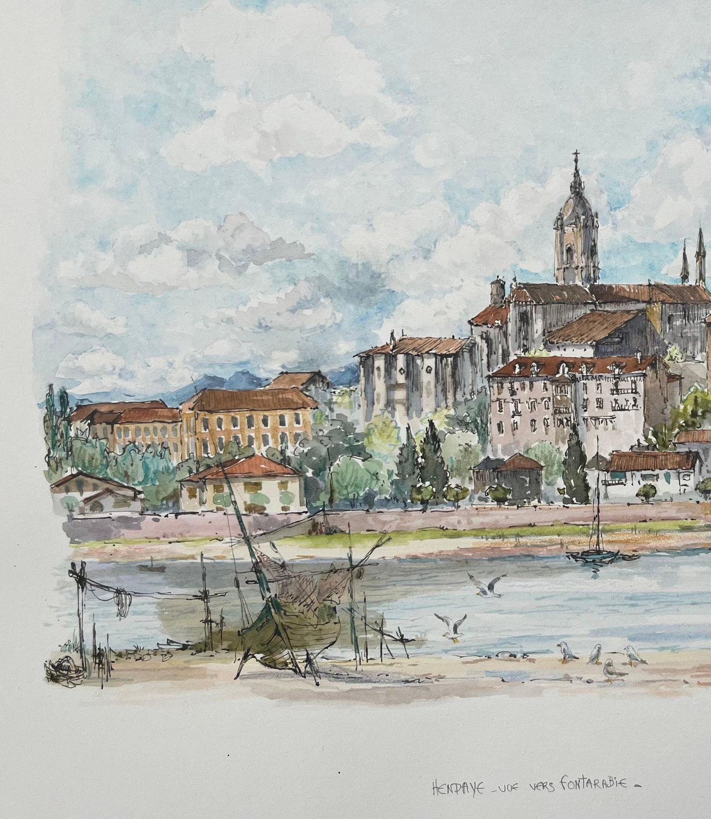 Robert Lepine (1929   2017)french Watercolor Painting Of “Vue Vers Fontarrabie” With Riverside Townscape20th Century photo for sale