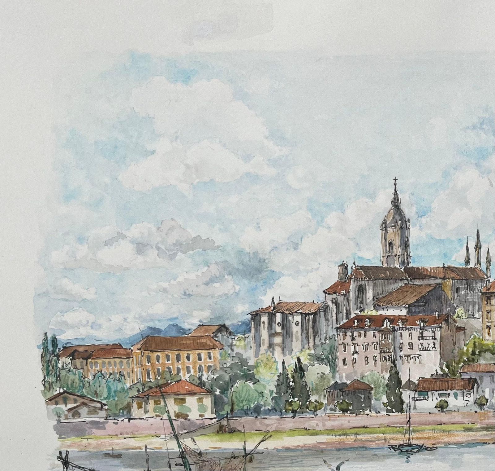Robert Lepine (1929   2017)french Watercolor Painting Of “Vue Vers Fontarrabie” With Riverside Townscape20th Century photo vinterior