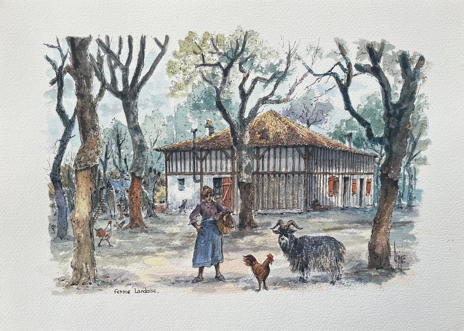 Robert Lepine (1929   2017)french Watercolor Painting Of A Traditional Ferme Landaise20th Century