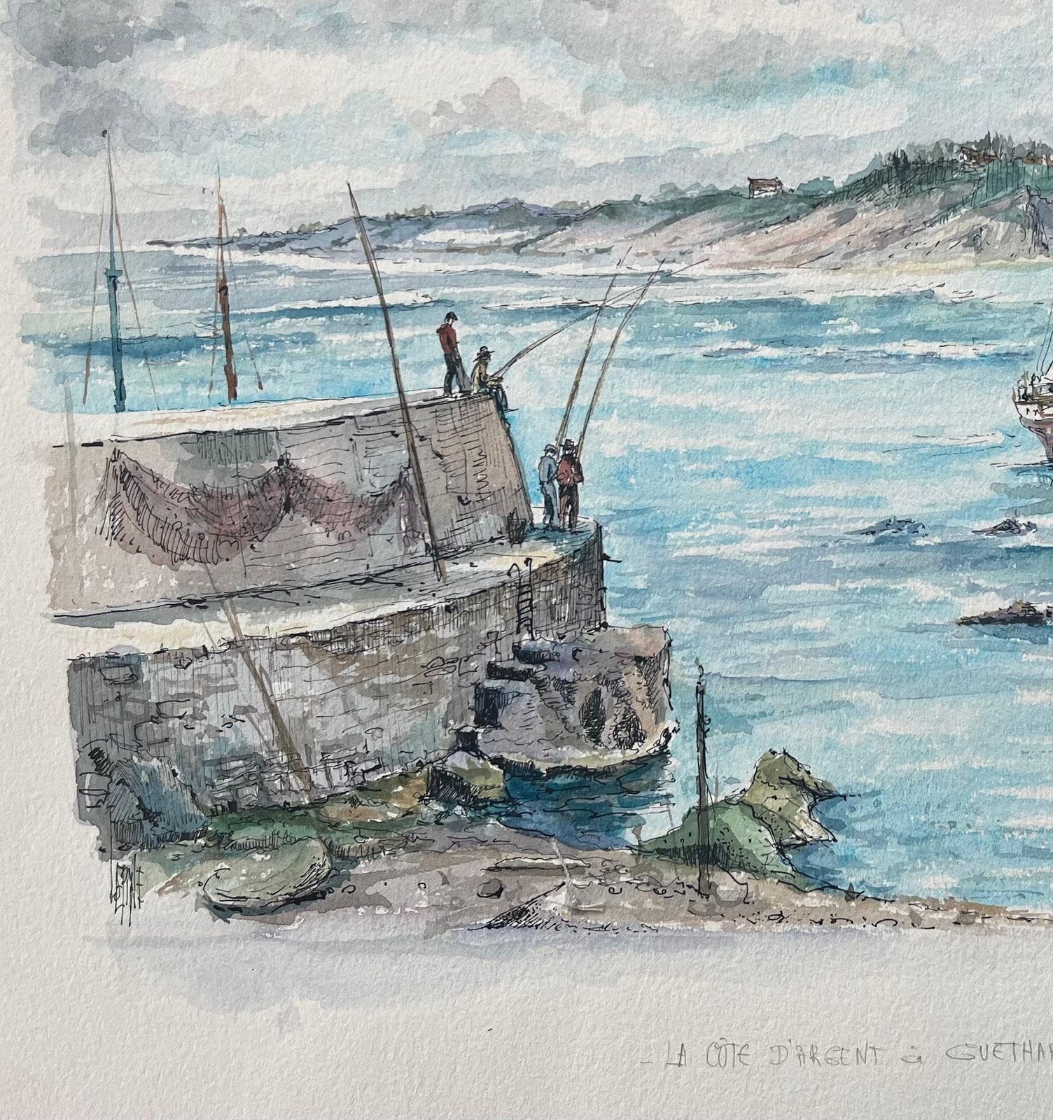 Robert Lepine (1929   2017)french Watercolor Painting Of “La Côte D’argent à Guéthary” With Sailing Ship20th Century photo 468.0