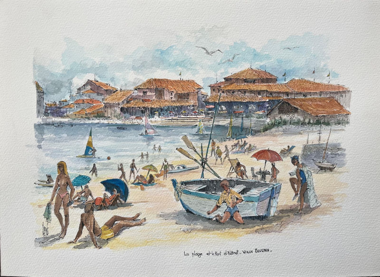 Robert Lepine (1929   2017)french Watercolor Painting Of “La Plage Et Le Port D’albret” In Vieux Boucau20th Century