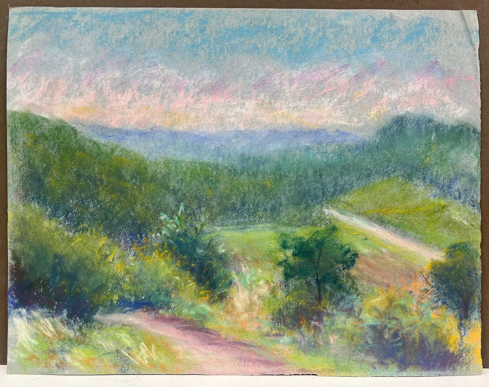 Regine Davidvibrant Hillside View Pastel Landscape Of Rolling Greens And Distant Mountain1947 photo furniture