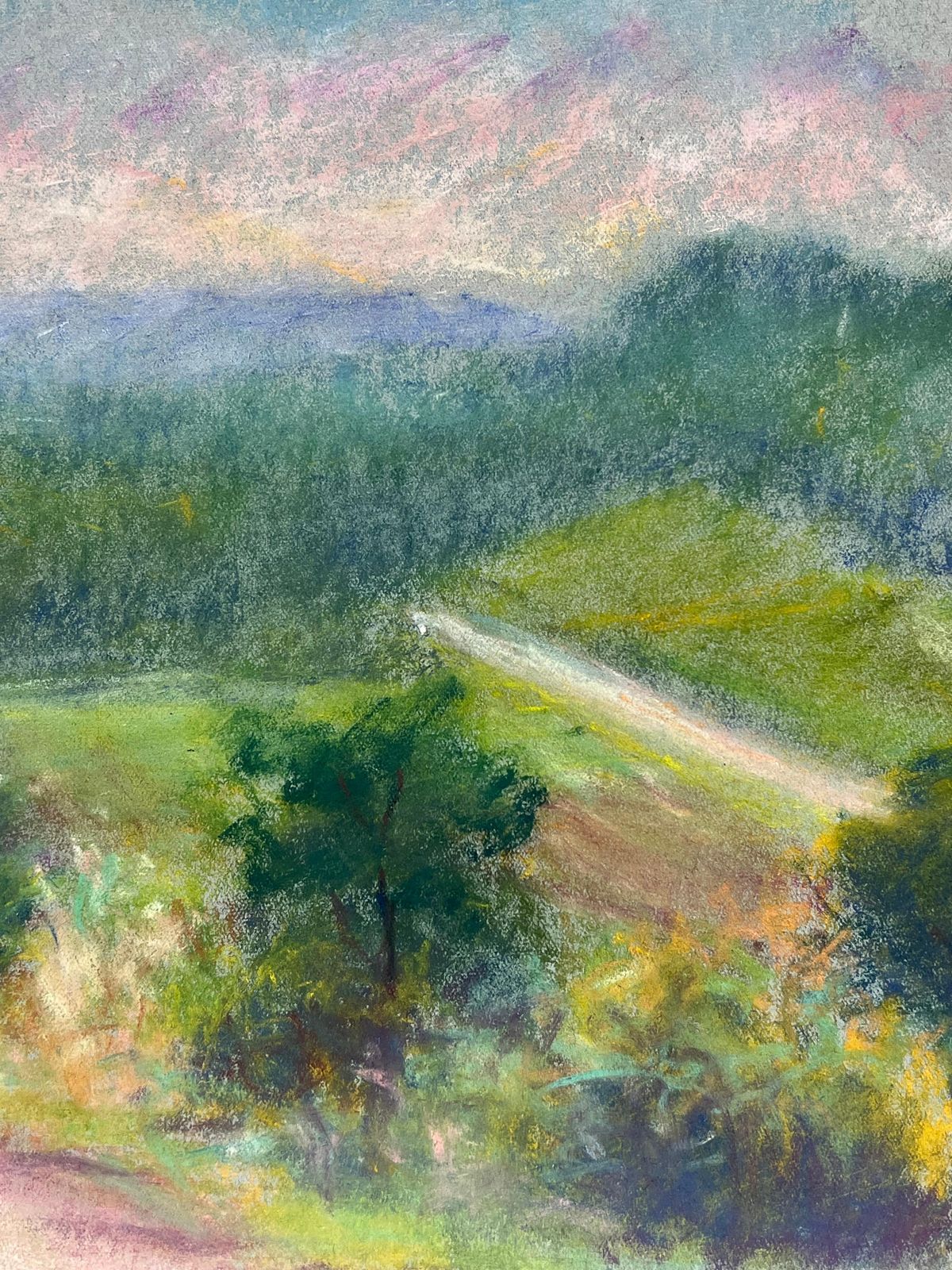 Regine Davidvibrant Hillside View Pastel Landscape Of Rolling Greens And Distant Mountain1947 photo vinterior