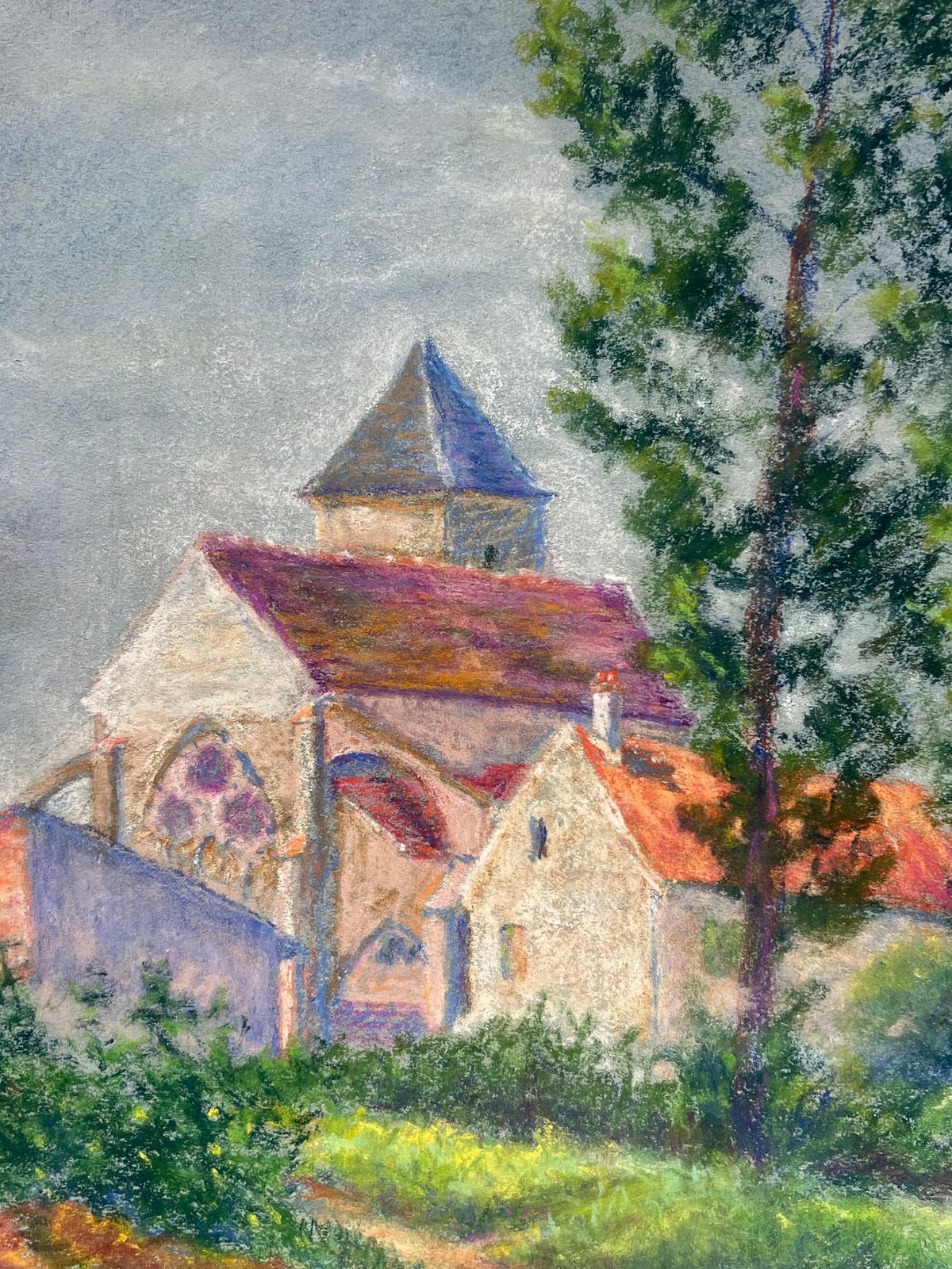Regine Davidmid 20th Century French Pastel Landscape Of A Village Church Among Trees1967 photo for sale