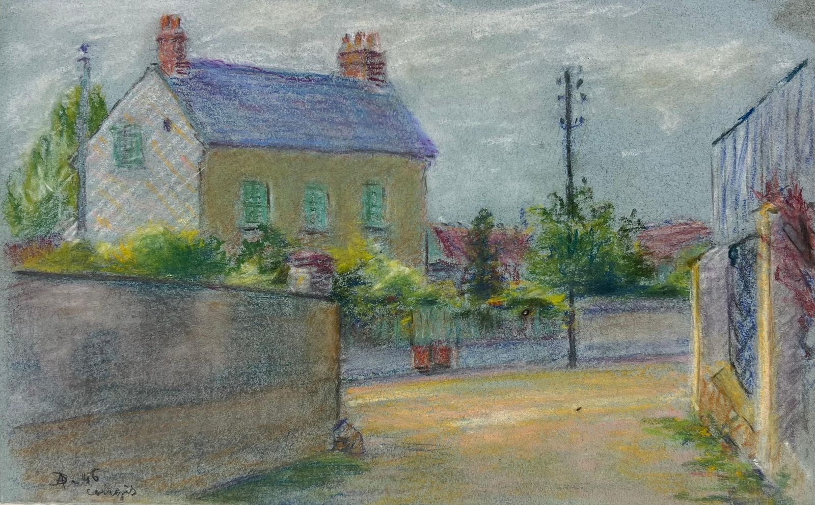Regine Davidmid 20th Century French Quiet Village Corner Pastel Painting1947
