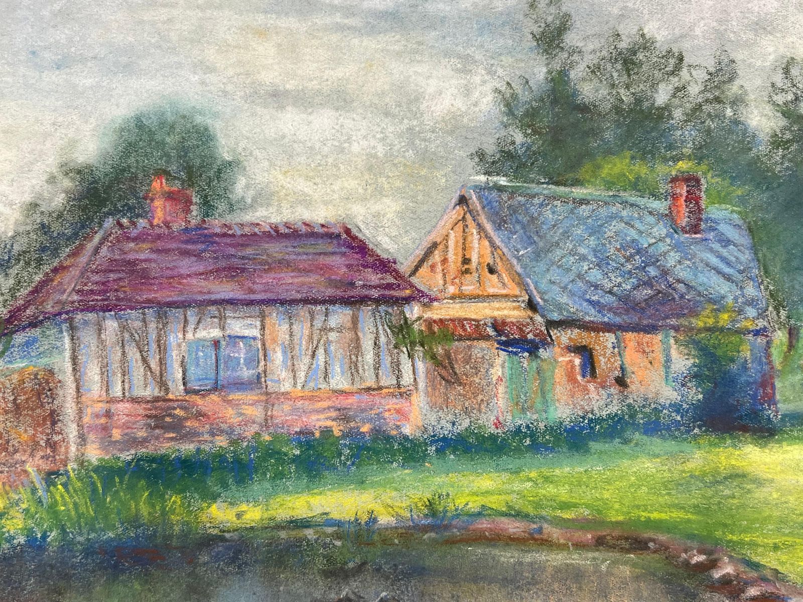 Regine Davidmid 20th Century French Bright Pastel Scene Of Cottages By A Pond1947 photo Art