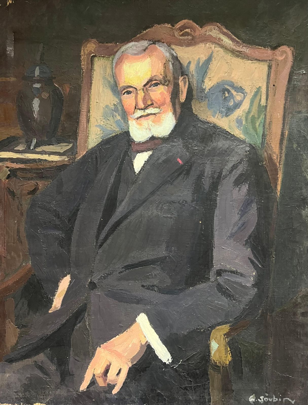 Georges Joubin (1888 1983) 1930's Large French Oil Distinguished Portrait  Dapper Gentleman In Suit & Chair1930
