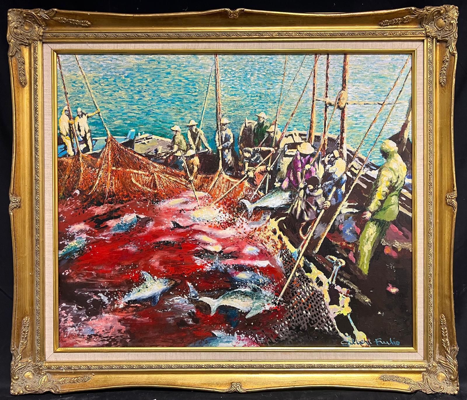 Gilbert Fuliolarge French Modernist Oil Painting Tuna Fishermen At Sea With Their Catch, 19931993