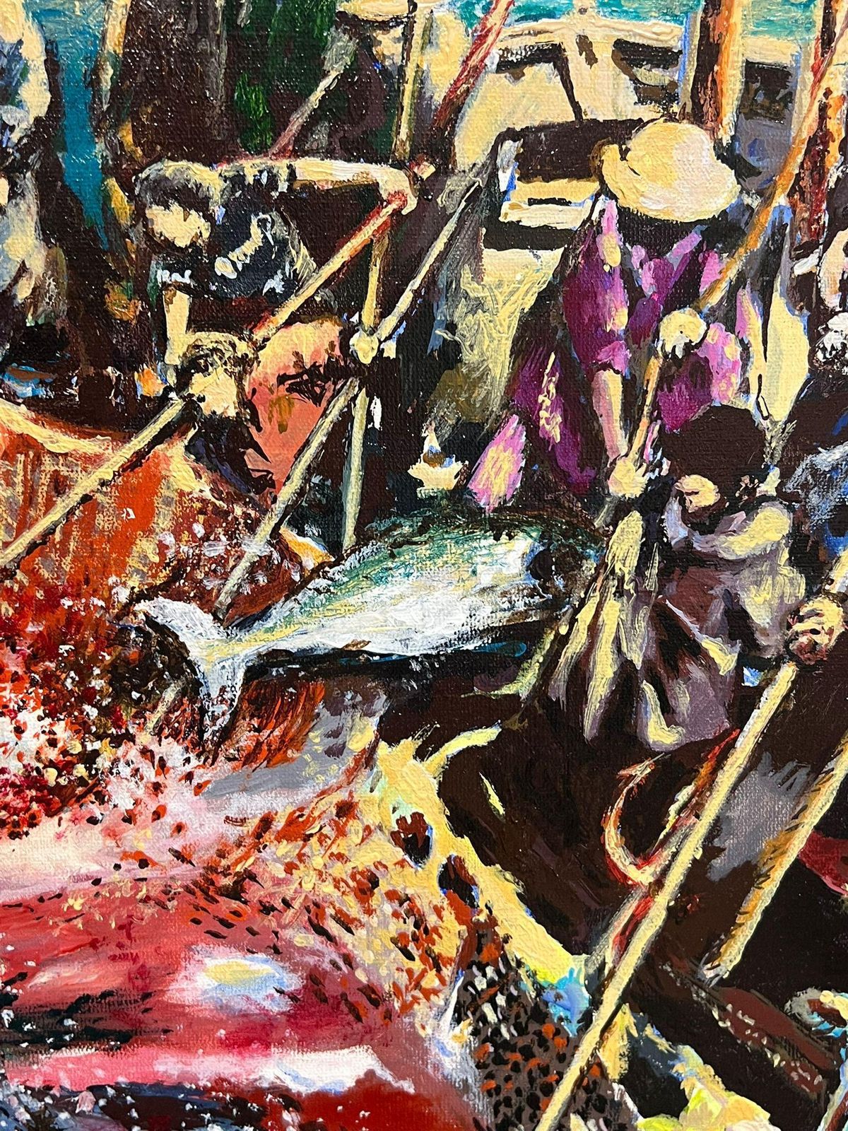 Gilbert Fuliolarge French Modernist Oil Painting Tuna Fishermen At Sea With Their Catch, 19931993 photo 1231.0