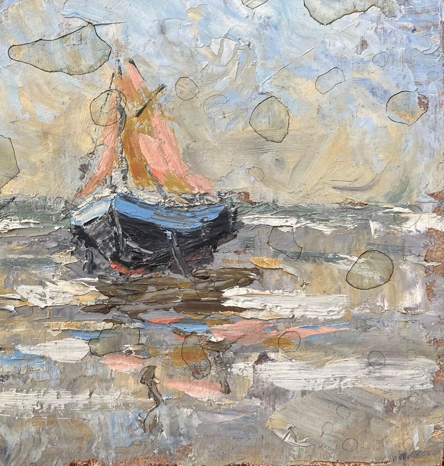 Fanch Lelfrench Impressionist Oil Painting Of Boats At Low Tide photo Art