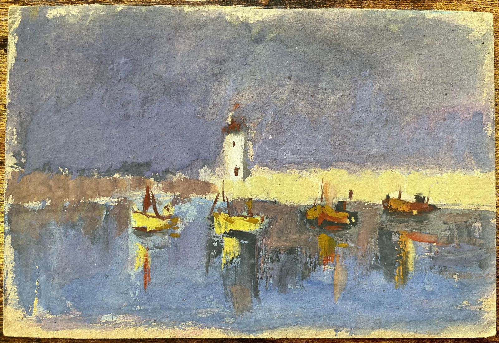 Fanch Lelfrench Impressionist Oil Painting Of Boats In A Harbor At Dusk photo for sale