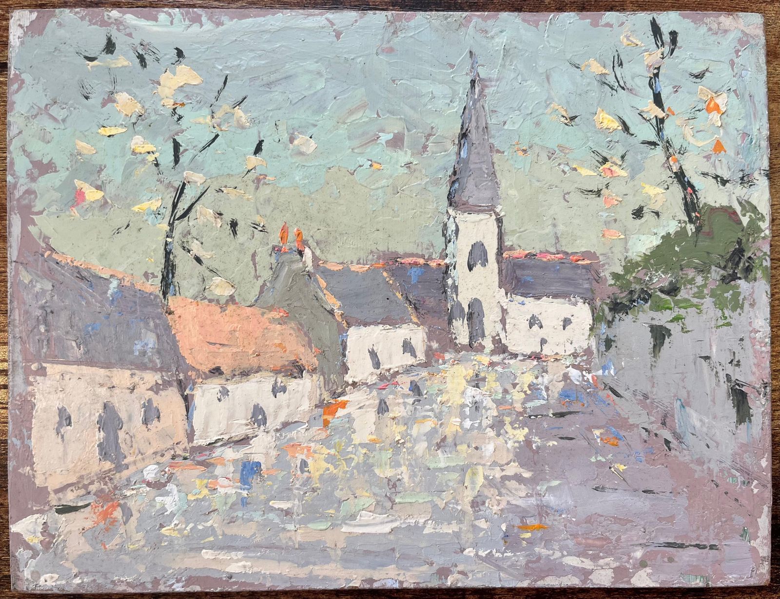 Fanch Lelfrench Impressionist Oil Painting Of Charming Village Scene With Spired Church photo furniture