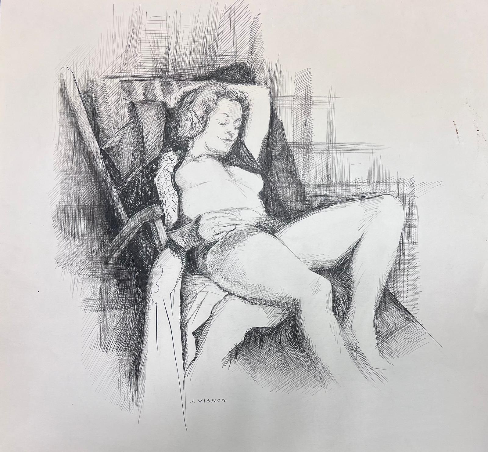 Josine Vignonelegant Ink Drawing Of A Reclining Female Nude1950s