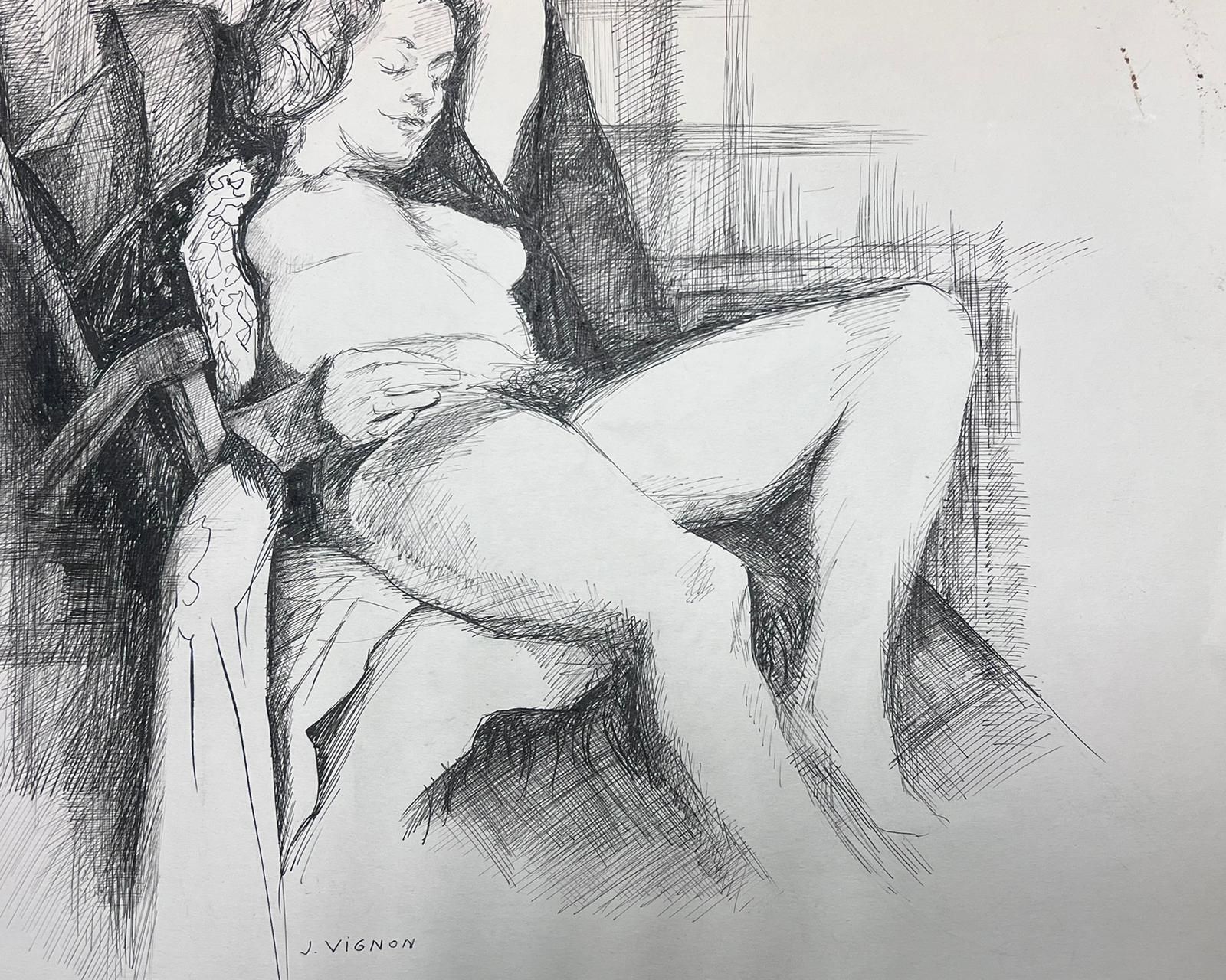 Josine Vignonelegant Ink Drawing Of A Reclining Female Nude1950s photo 254.0