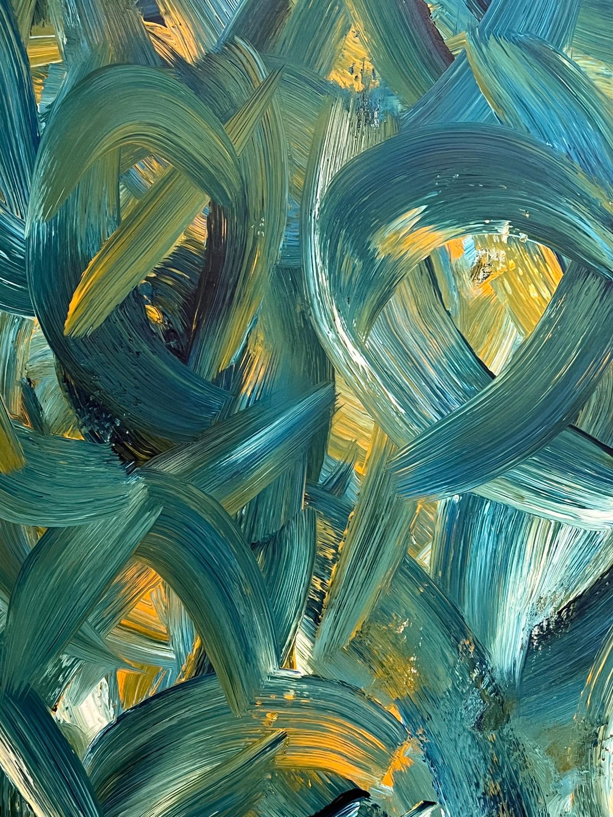 Sally Bradshawbritish Abstract Painting Contemporary Bold Brushstrokes In Teal Blue And Yellowc.2024 photo Art