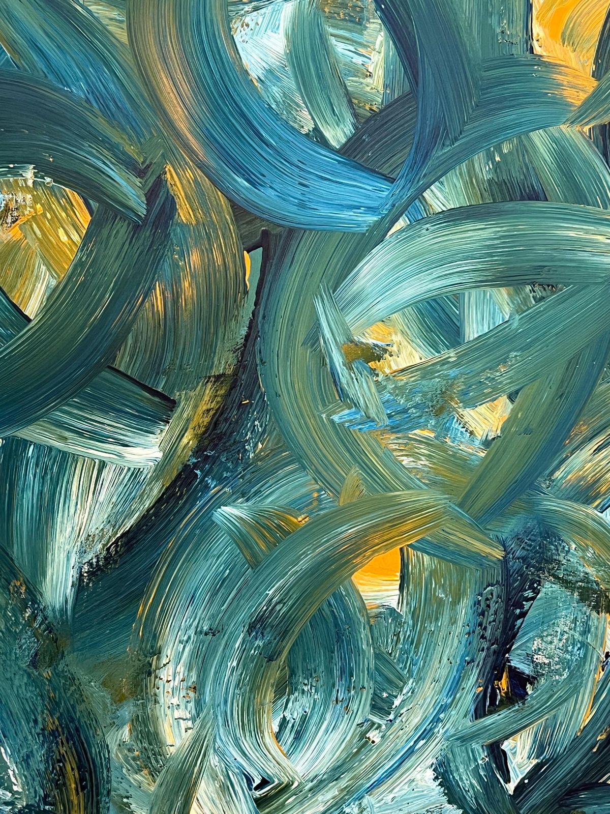 Sally Bradshawbritish Abstract Painting Contemporary Bold Brushstrokes In Teal Blue And Yellowc.2024 photo vinterior