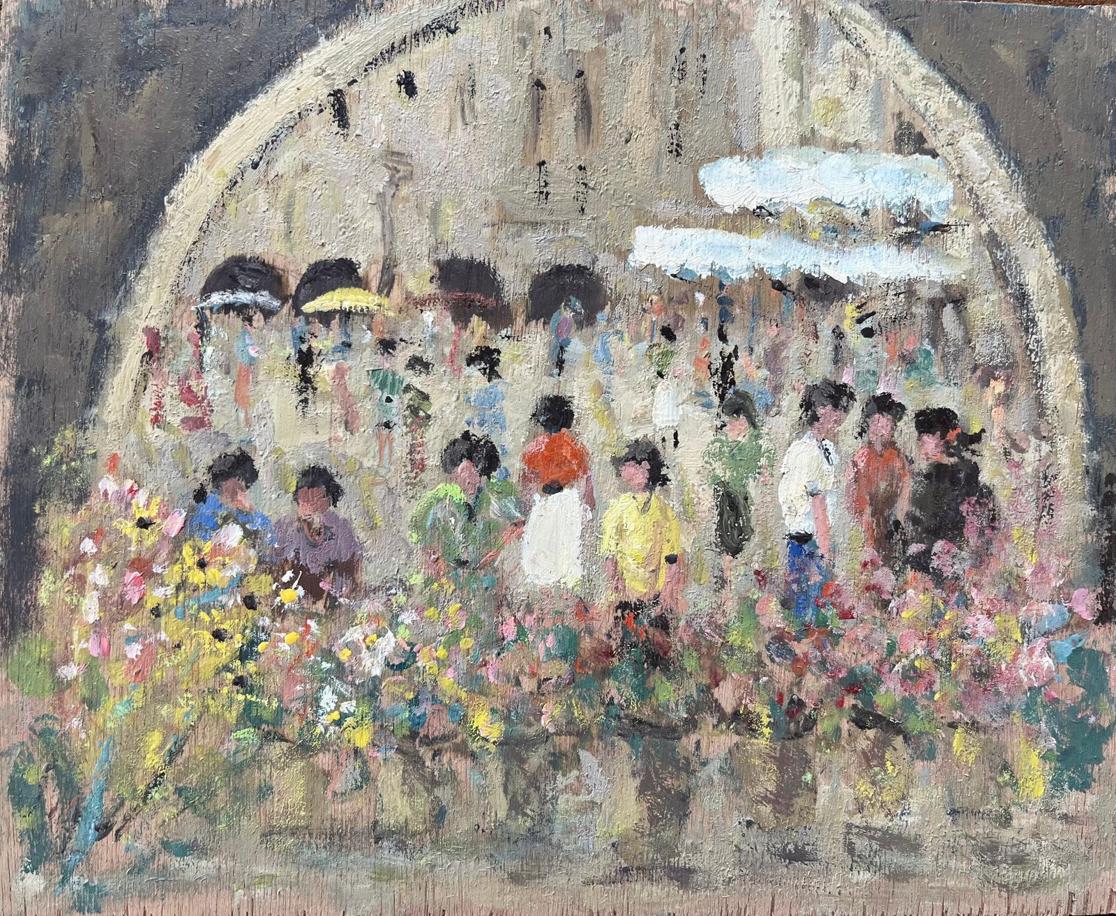 Fanch Lelfrench Impressionist Oil Painting Of A Bustling Flower Market With Figures