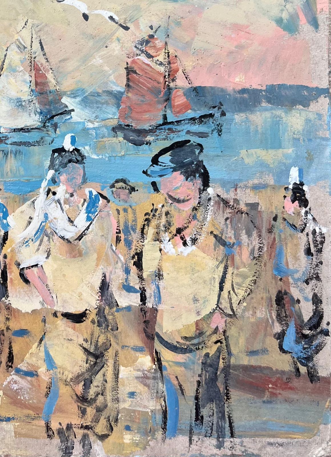 Fanch Lelfrench Impressionist Oil Painting Of Sailors And Seagulls By The Seaside photo for sale