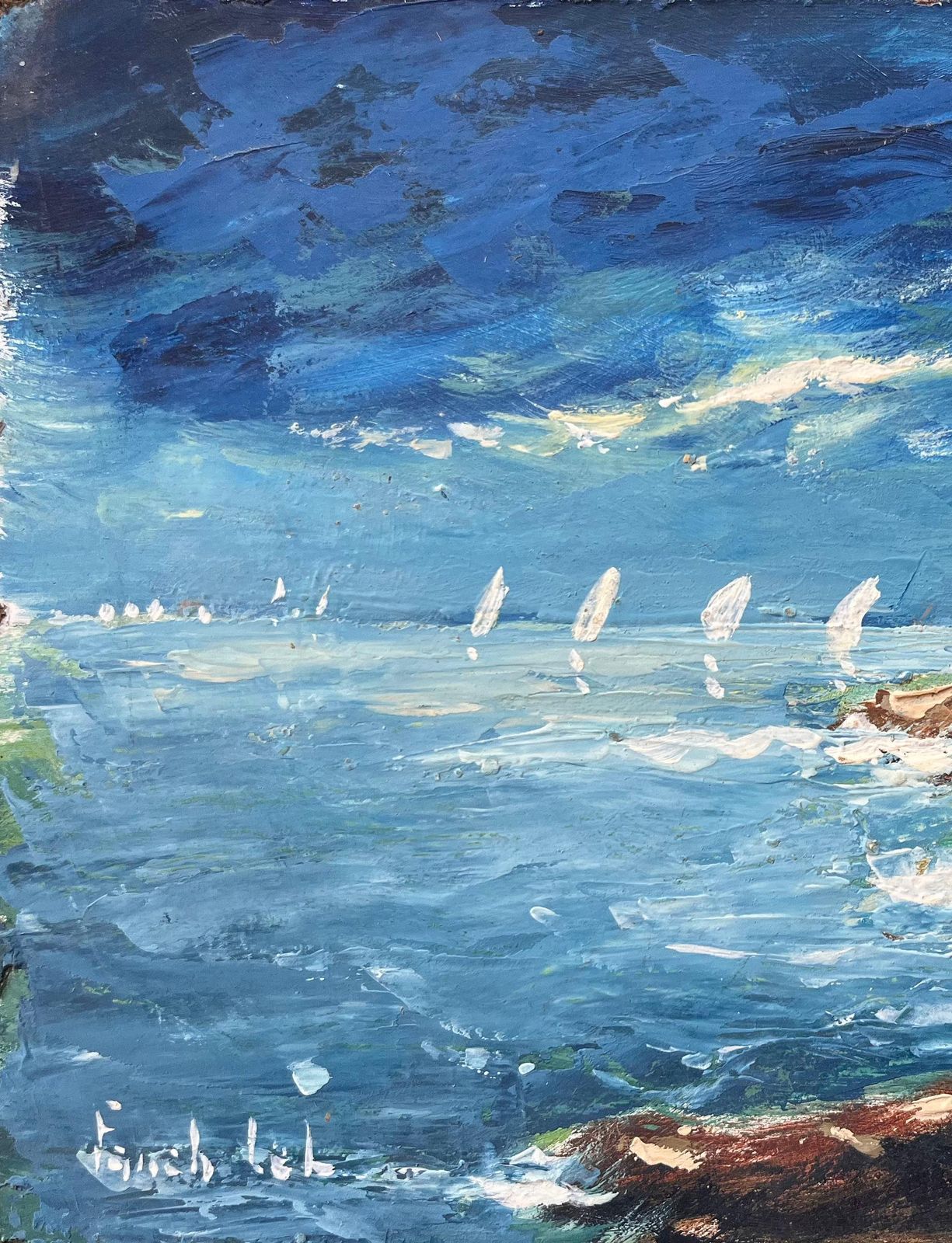 Fanch Lelfrench Impressionist Oil Painting Of A Coastal Scene With Sailboats photo 387.0