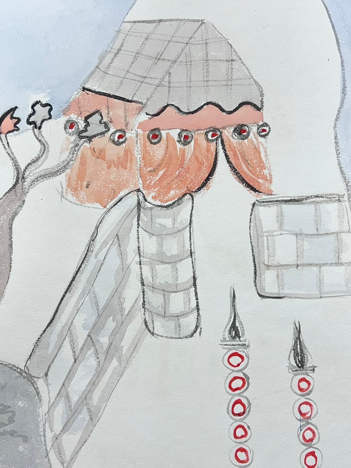 Marjorie Schiele (1913 2008)whimsical Watercolour Of An Abstract Architectural Scene With Unique Details photo for sale