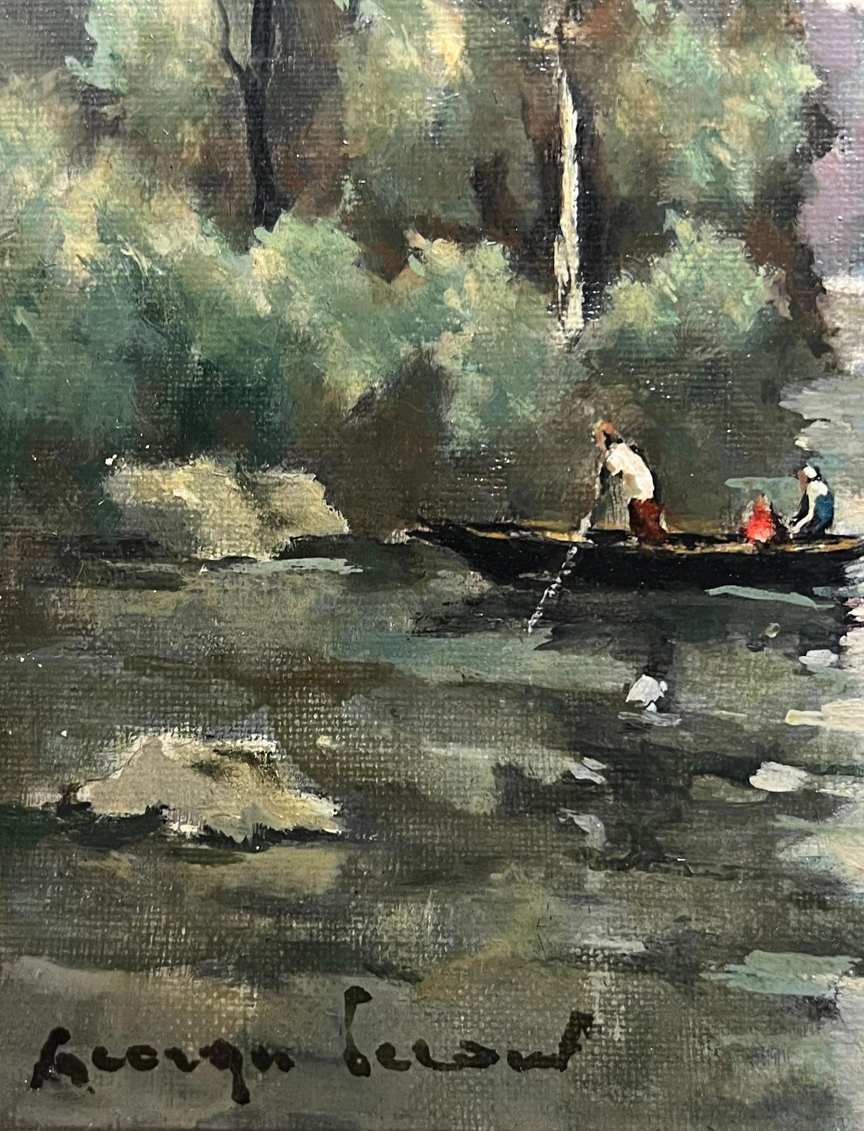 Georges Lerouxriver Landscape With Boaters Trees Distant Village French Mid Century Paintingmid 20th Century photo 928.0
