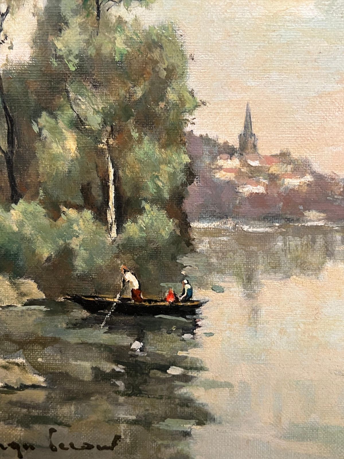 Georges Lerouxriver Landscape With Boaters Trees Distant Village French Mid Century Paintingmid 20th Century photo vinterior