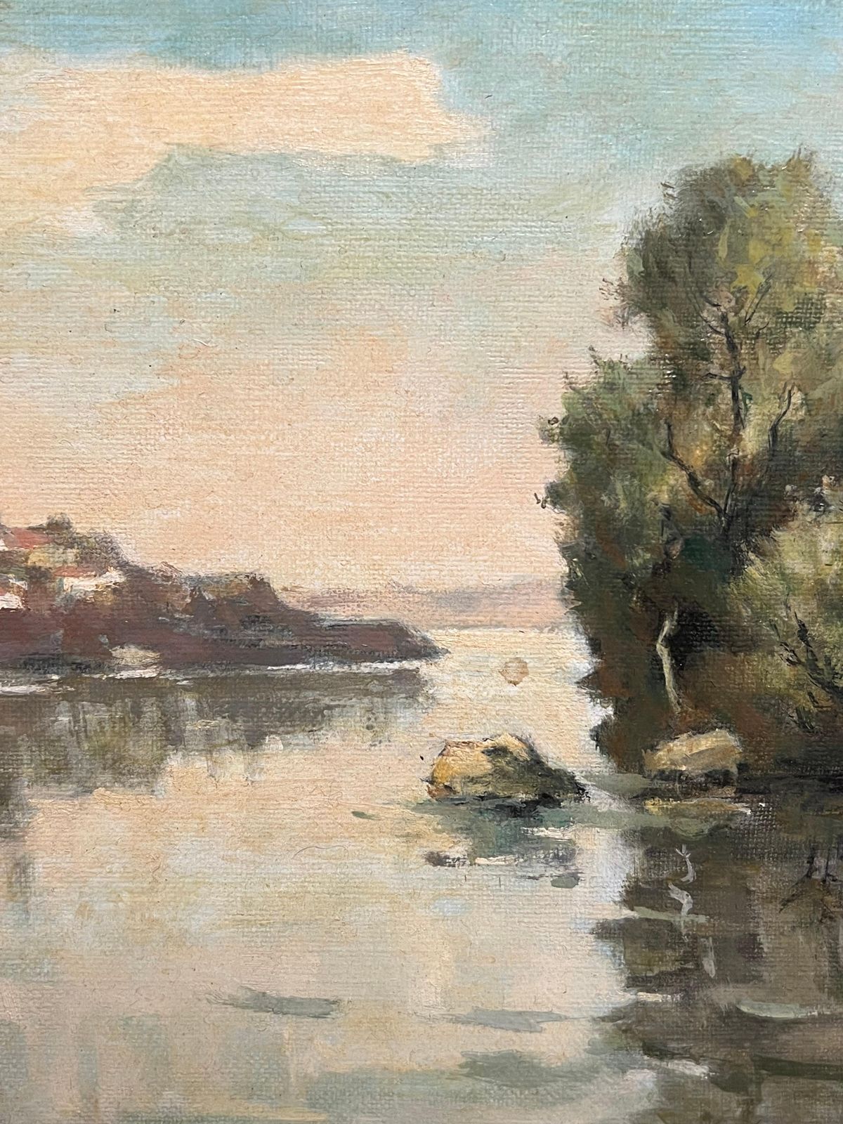 Georges Lerouxriver Landscape With Boaters Trees Distant Village French Mid Century Paintingmid 20th Century photo buy