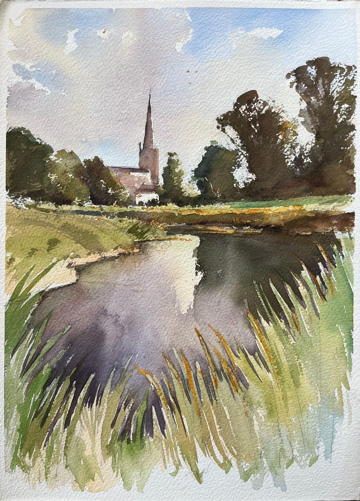 Anthony Averybritish Original Watercolor Of Church By The Riverside
