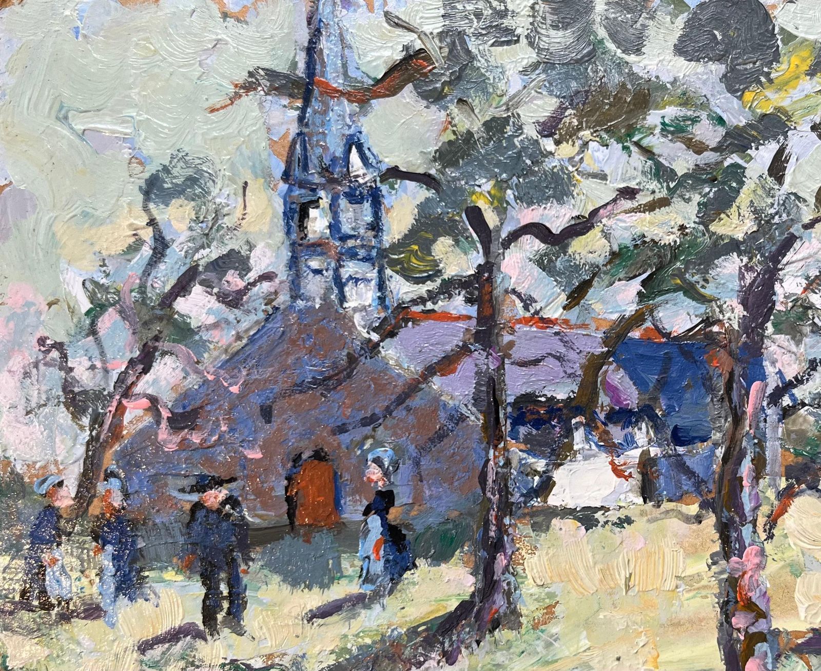 Fanch Lelfrench Impressionist Oil Painting Of Sunlit Breton Chapel With Figures2007 photo 433.0