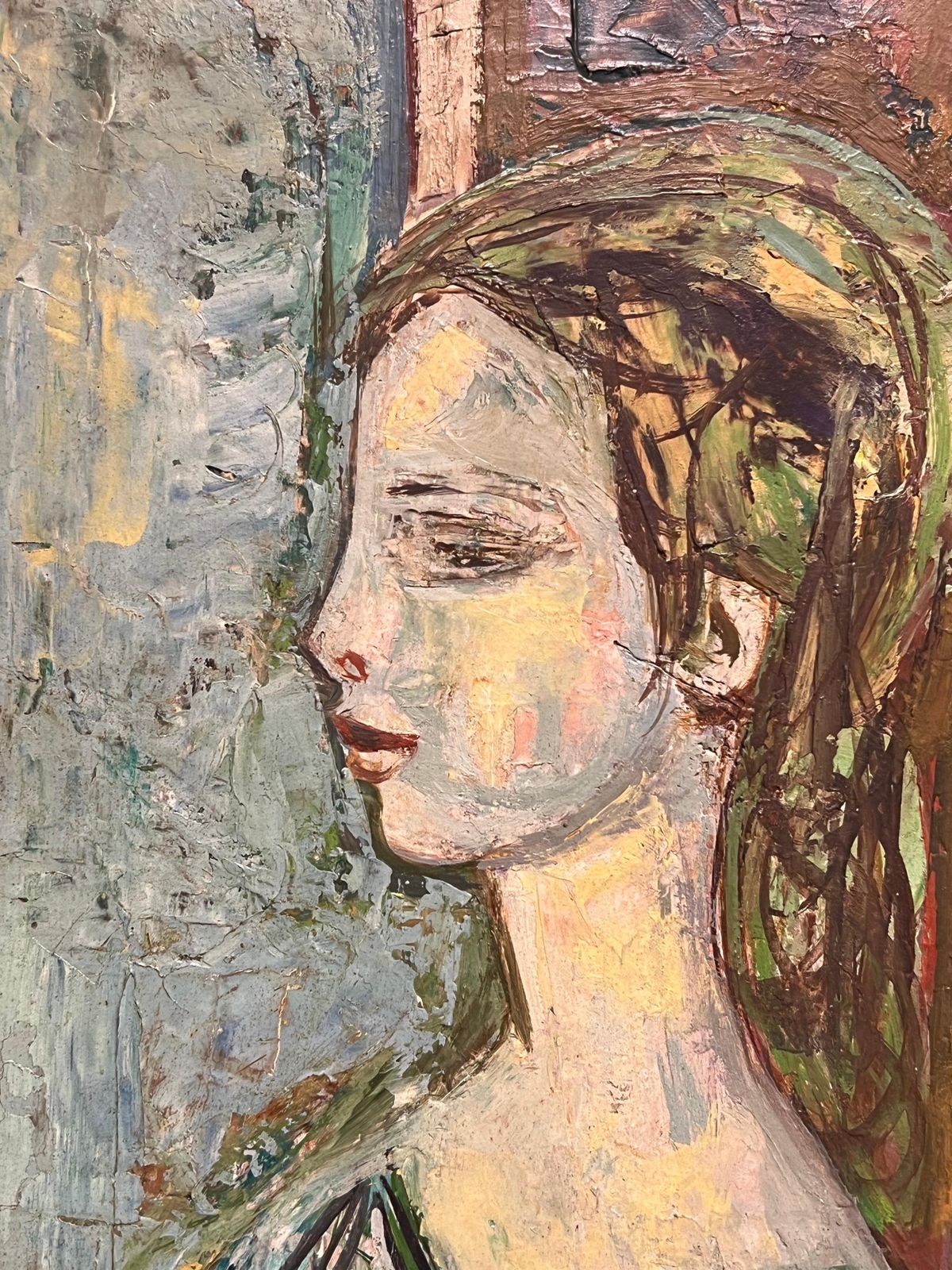 L Bernard1950's French Modernist Portrait Of Woman By The Window Textured Oil Paintingmid 20th Century photo for sale