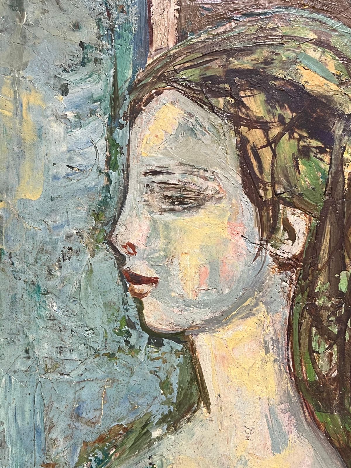 L Bernard1950's French Modernist Portrait Of Woman By The Window Textured Oil Paintingmid 20th Century photo 1201.0