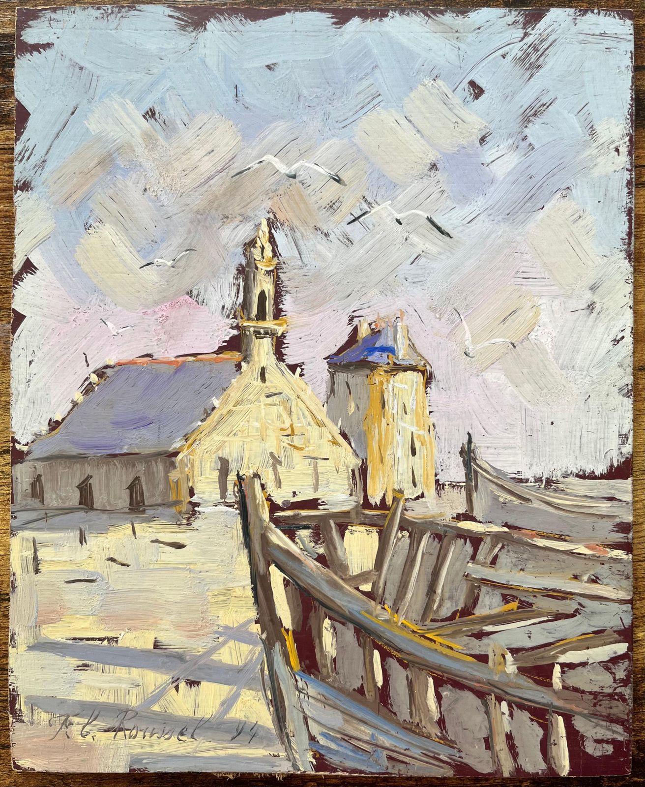 Unknownimpressionist Oil Painting Of A Coastal Village With Boats1994 photo furniture