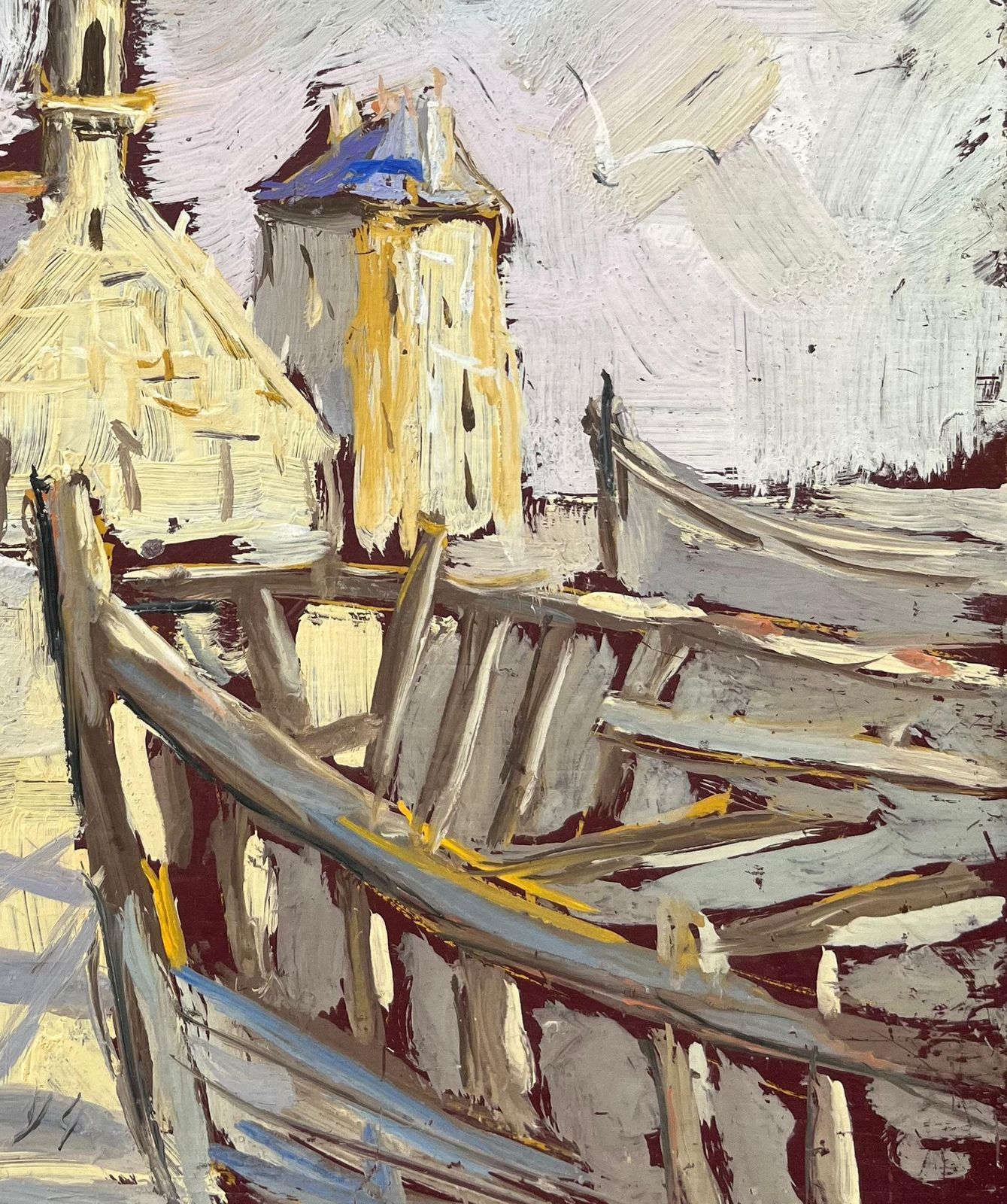 Unknownimpressionist Oil Painting Of A Coastal Village With Boats1994 photo for sale