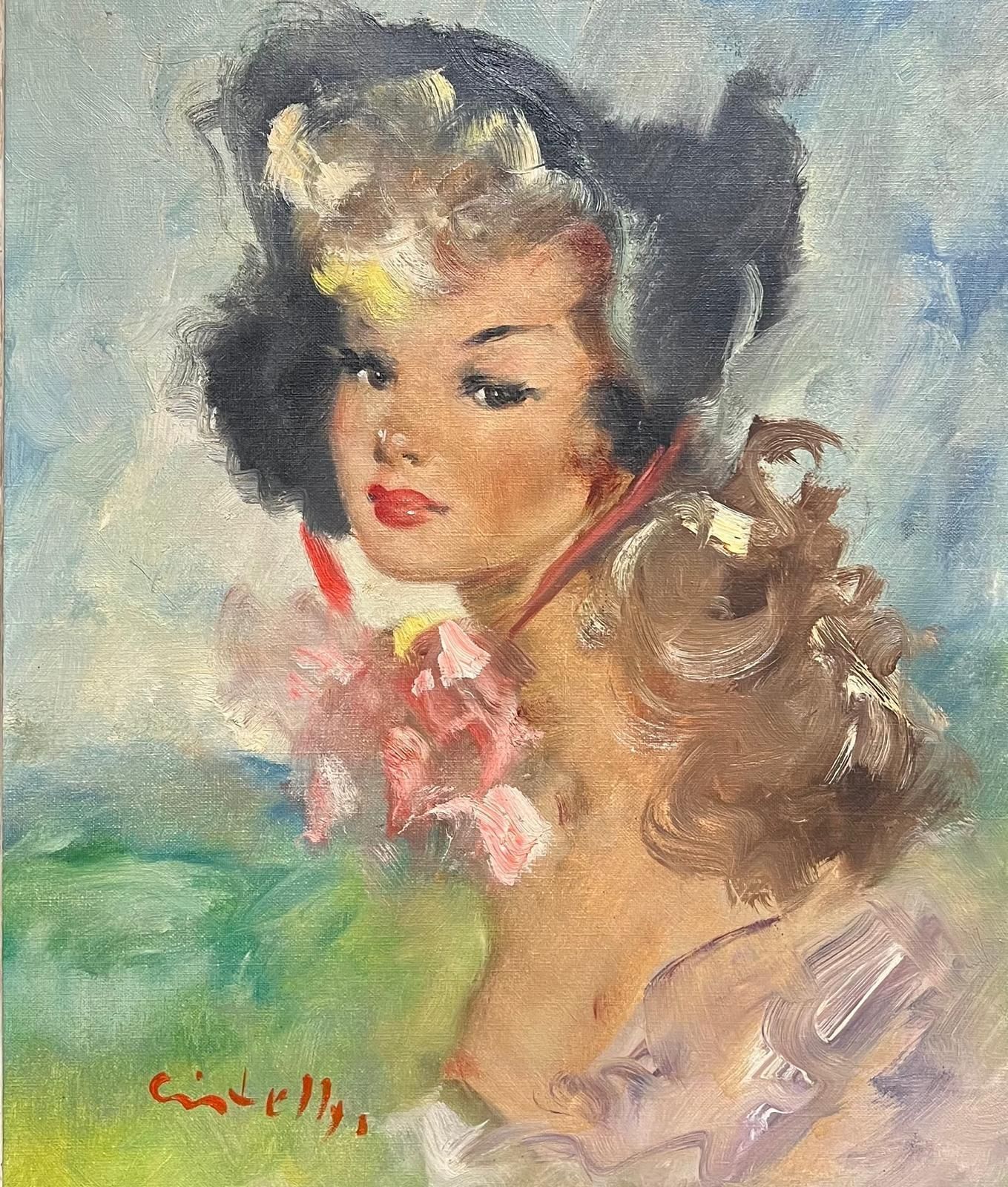 French Mid 20th1950's French Oil Elegant Portrait Of A Woman With Floral Accents In Bonnetmid 20th Century photo furniture