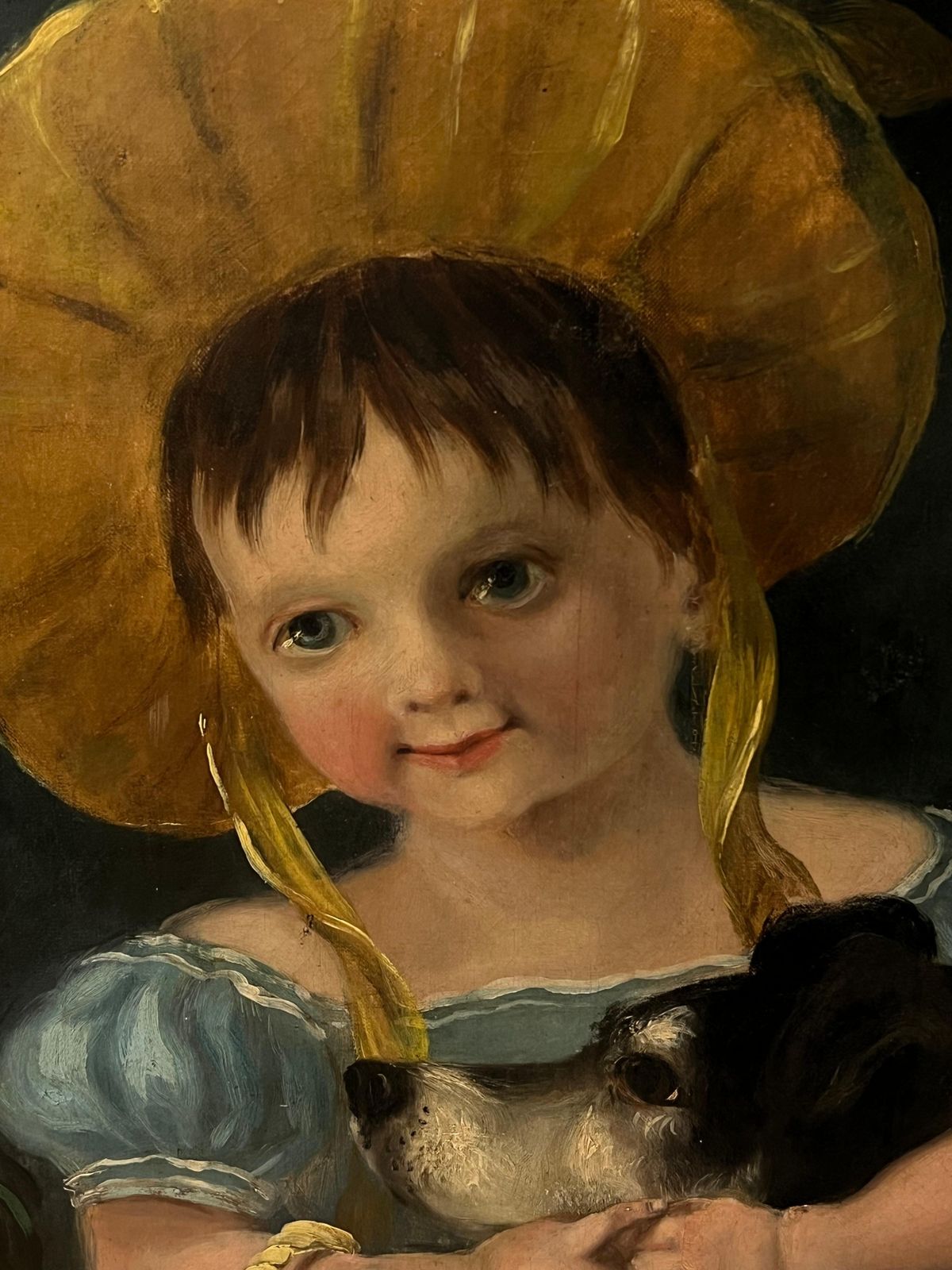 Victorian Schoolvictorian English Oil Painting Portrait Of A Young Girl In A Bonnet With Her Dogmid 19th Century photo for sale