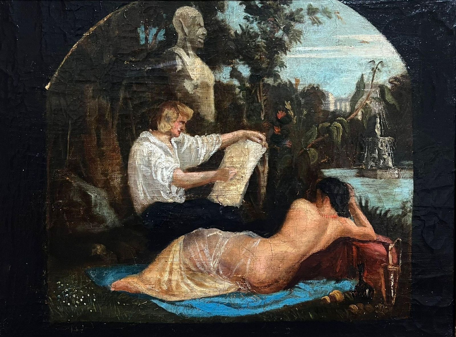 French School18th Century French Oil Artist Painting Nude Model Classical Garden Scene18th Century photo furniture