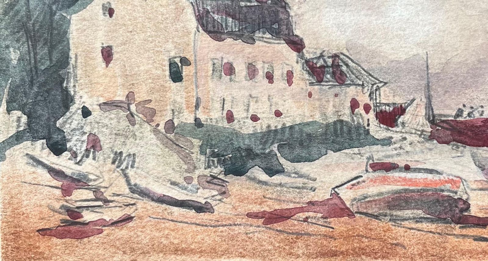 Maurice Mazeiliefrench Impressionist Watercolor Of Coastal Village With Boats At Low Tide photo 255.0