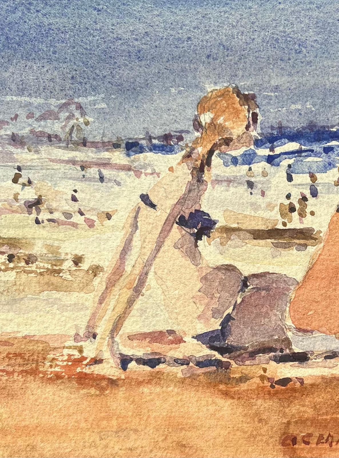 Maurice Mazeiliefrench Impressionist Watercolor Of Figures Relaxing On Ocean Beach photo Art