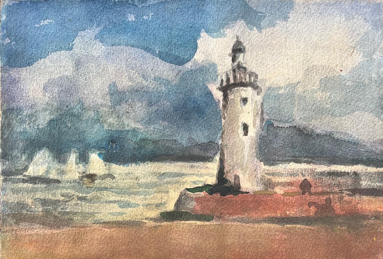 Maurice Mazeiliefrench Impressionist Watercolor Of Coastal Lighthouse Scene
