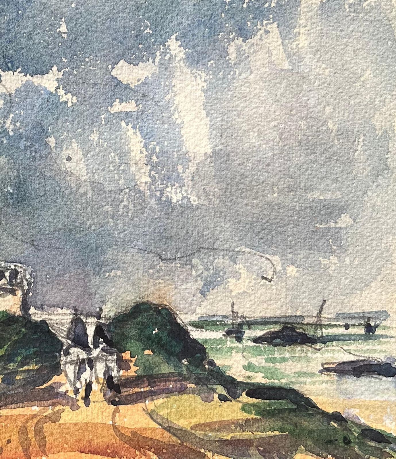 Maurice Mazeiliefrench Impressionist Watercolor Of Coastal Lane With Riders And Buildings photo for sale